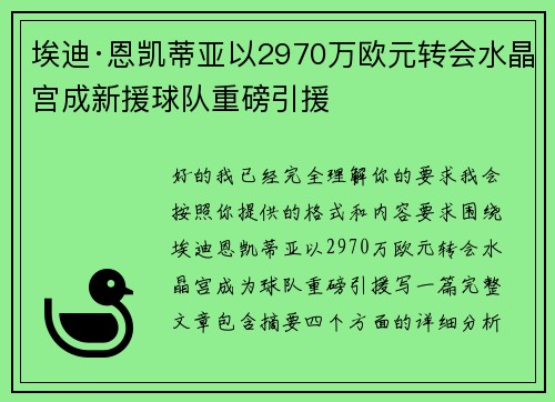 埃迪·恩凯蒂亚以2970万欧元转会水晶宫成新援球队重磅引援