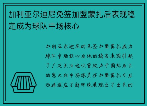 加利亚尔迪尼免签加盟蒙扎后表现稳定成为球队中场核心