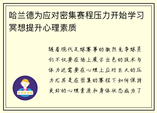 哈兰德为应对密集赛程压力开始学习冥想提升心理素质